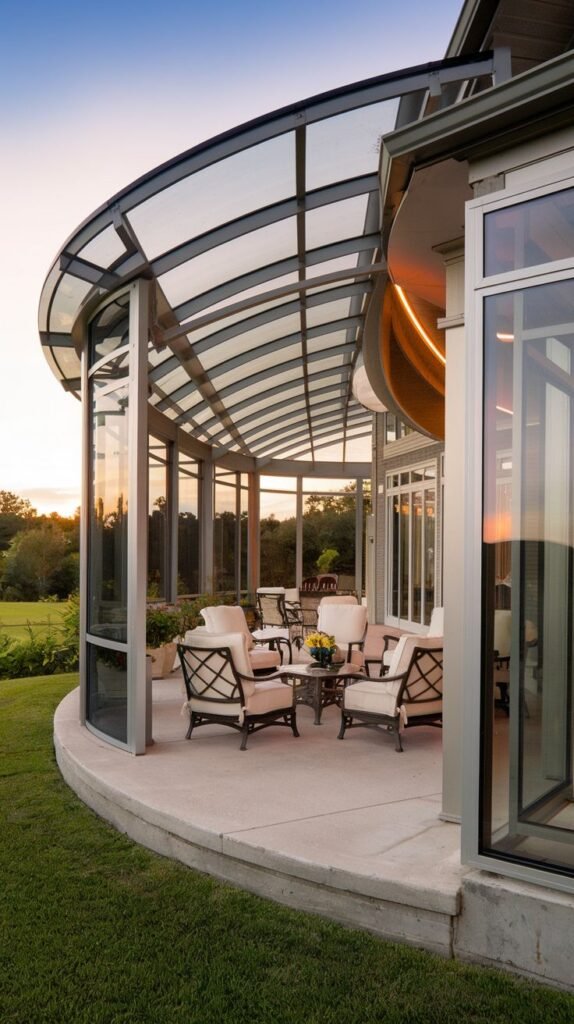 Contemporary, semi-circular sunroom or solarium featuring a curved glass roof supported by thin metal ribs and curved glass walls, enclosing a furnished seating area.