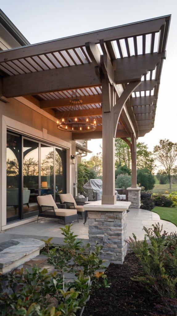 Wooden pergola incorporating clear protective panels beneath the wooden slats, supported by wood posts set on stacked stone piers, and illuminated by a large decorative circular chandelier.
