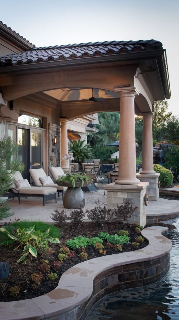 Mediterranean-style covered archway structure with a solid tile roof, supported by heavy, rounded, pinkish columns and masonry bases, shading a lounge area adjacent to a curved water feature.