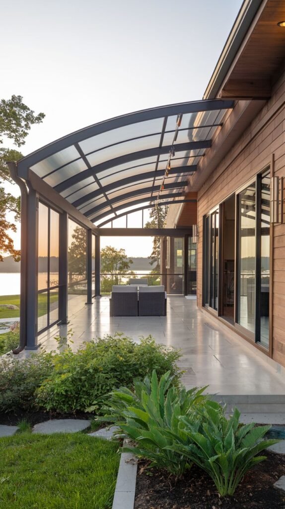 Long, sleek patio cover featuring a continuous curved clear or translucent roof supported by dark metal framing, extending over a tiled patio with a panoramic view of a lake or water body.
