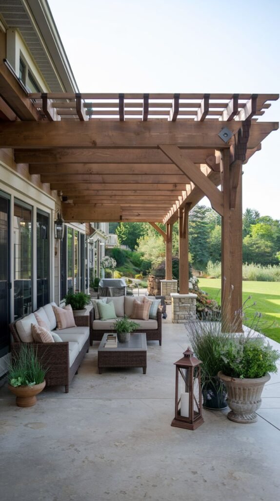 Expansive, rustic wooden pergola constructed with massive, dark-stained timber beams and exposed cross-members, defining a large outdoor living room space on a concrete patio.