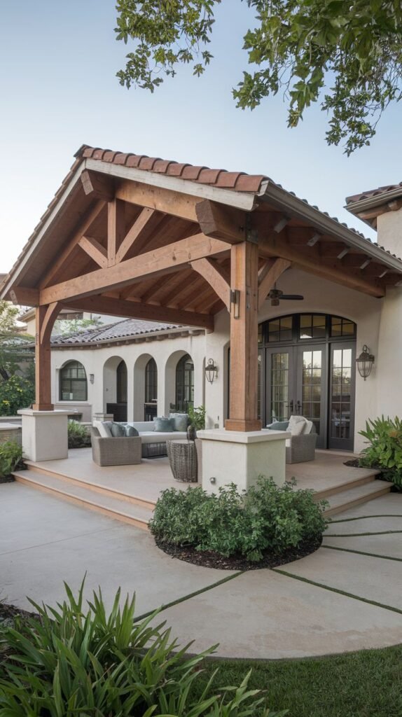Grand covered patio featuring a high gabled roof with traditional tile and heavy exposed wooden timber framing and trusses, supported by wide, light-colored masonry columns, adjacent to a stucco house.