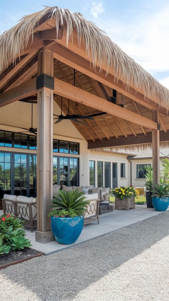 Wide, high-pitched tropical palapa roof using thick natural thatch supported by heavy exposed wooden framing and thick columns, covering a spacious patio with multiple ceiling fans.