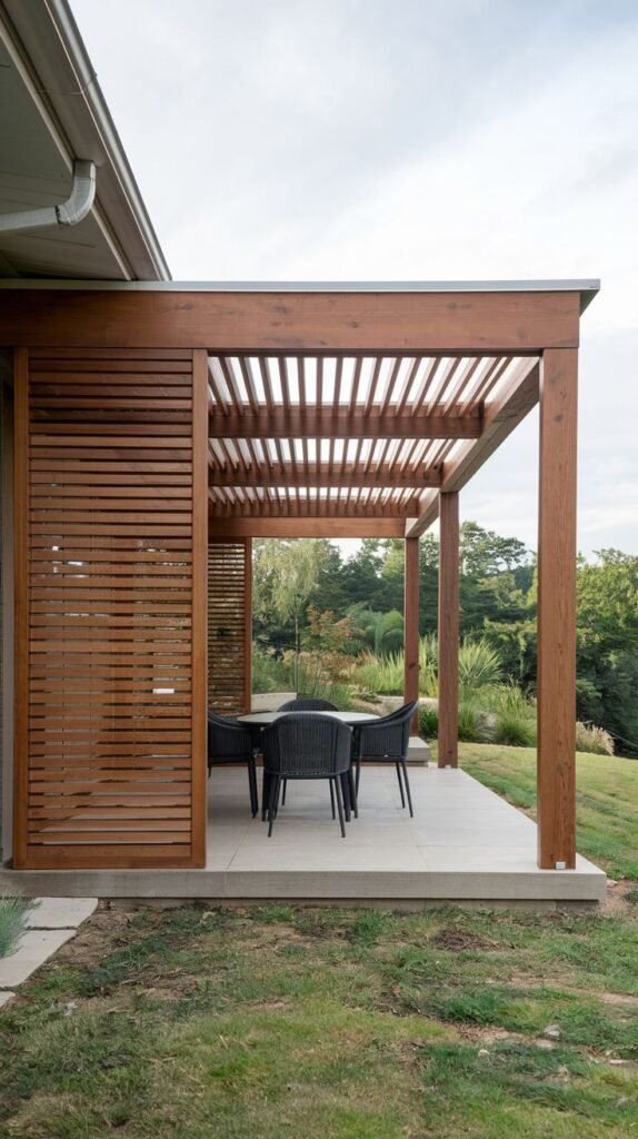 Modern wooden pergola attached to the house, featuring open slatted roofing and an integrated vertical wall of horizontal louvers for privacy, shading an outdoor dining set.