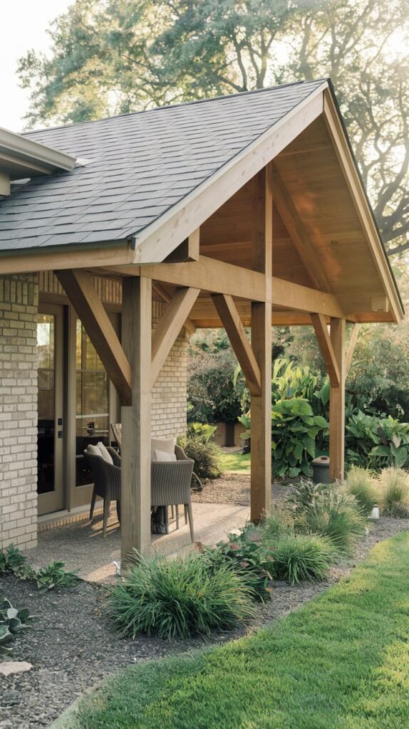 Covered porch structure with a traditional steeply pitched A-frame gabled roof finished with shingles, supported by exposed wooden posts and triangular wood bracing, covering a simple seating area.