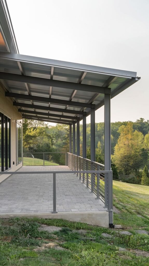 Modern covered patio attached to the house featuring a gray metal shed-style roof supported by slender metal columns, shading a patio of light-colored pavers, with a horizontal cable railing system defining the edge.
