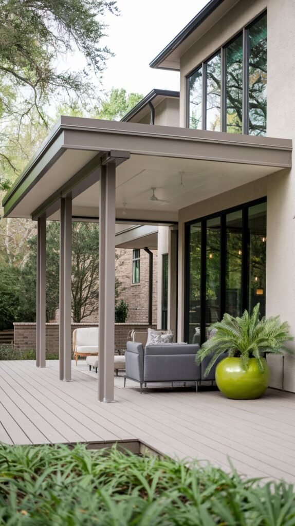 Contemporary covered outdoor living area with a flat, deep-eaved roof supported by tall, sleek, taupe vertical columns, covering a wooden deck with modern outdoor furniture.