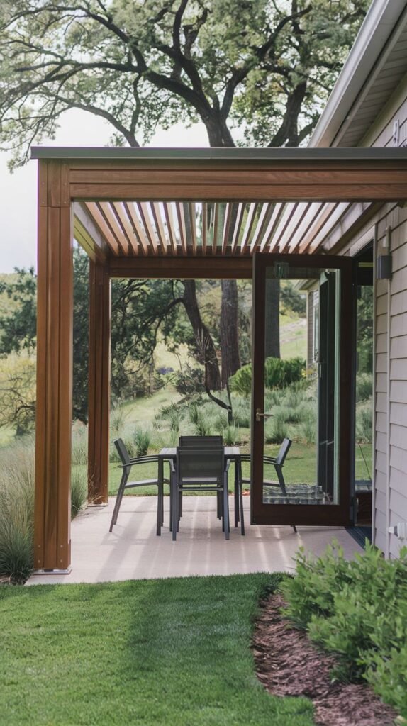 Simple, open-slatted wooden pergola structure attached to a sided house, shading a small outdoor dining set on a concrete slab, surrounded by lawn and dense foliage.