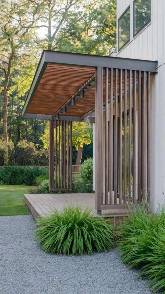 Modern patio cover featuring a deeply slatted wooden roof canopy and integral vertical wooden slats along the exposed side, covering a raised wooden deck area.