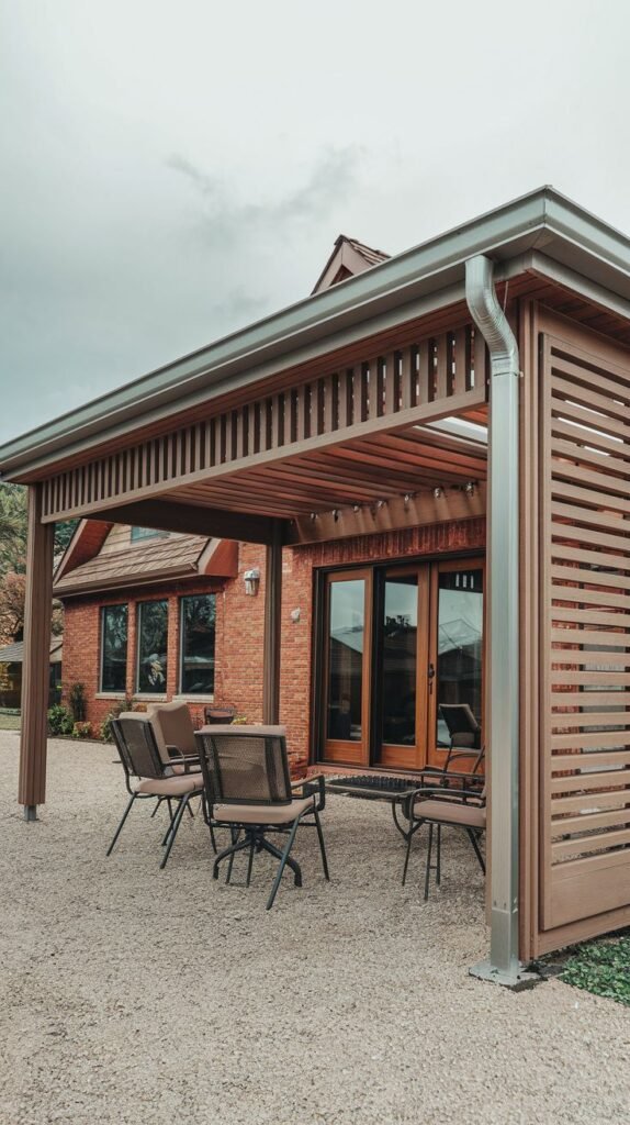 Wood patio cover attached to a brick house, featuring horizontal roof slats, a visible metal gutter system, and a side privacy screen made of tight horizontal wood slats, covering a dining area over a gravel patio.