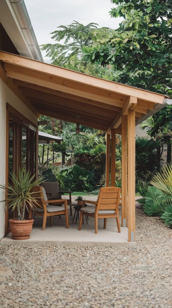 Simple wood lean-to patio roof with a gentle slope and exposed rafters, attached to a house wall, providing coverage for a small seating area over a concrete slab surrounded by river rock/pebble aggregate.