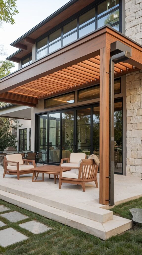 Sleek modern wooden pergola with tight horizontal slats for dense shading, attached to a house with stone veneer, covering an elevated stone patio with matching wooden seating.