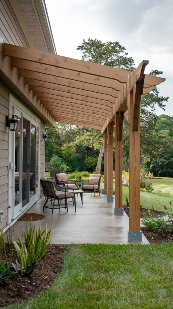 Traditional wooden pergola with heavy exposed rafters and crossbeams, supported by thick wooden posts, covering an extended concrete patio area with outdoor lounge seating.
