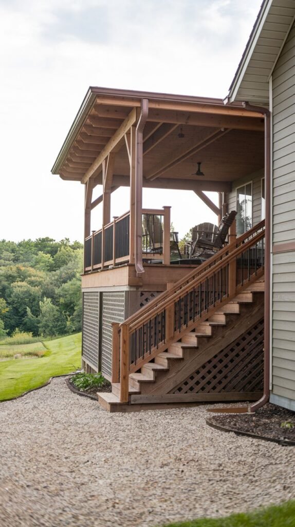 Fully covered outdoor room atop a raised wooden deck with a solid roof, sturdy railing, and an attached open wooden staircase leading down to a pebble or gravel surface.