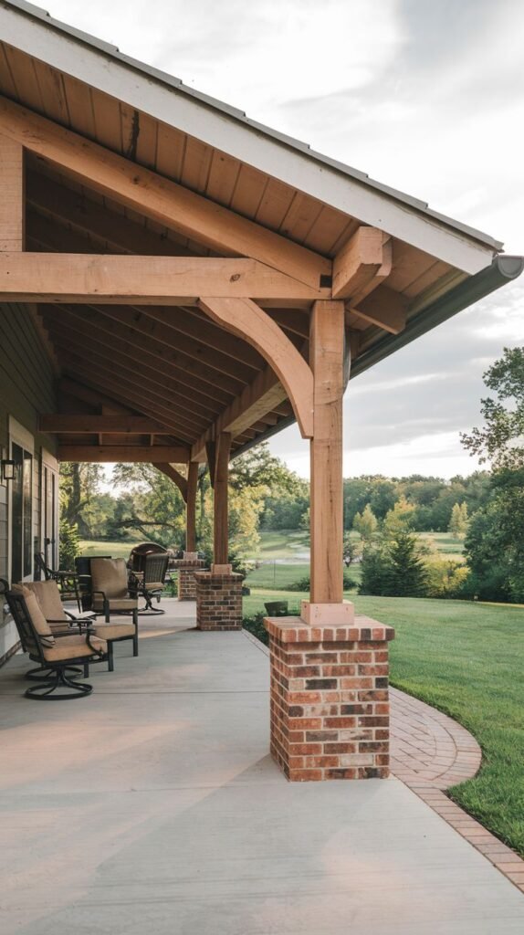 Covered porch with a high gabled wood roof structure and exposed timber trusses, supported by massive wooden posts resting on substantial bases constructed of red brick masonry.