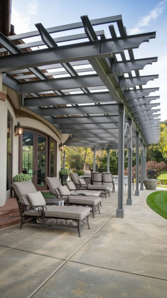 Long, expansive pergola constructed of gray metal framing, featuring widely spaced overhead beams with decorative cut/notched ends, covering a concrete patio furnished with chaise lounges.