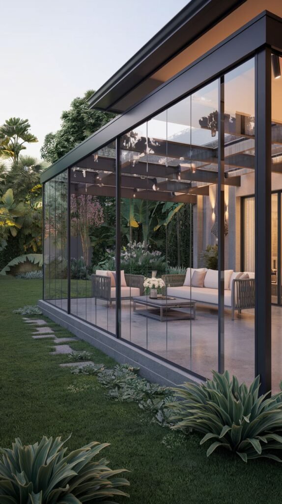 Modern, fully enclosed sunroom or conservatory featuring dark architectural framing and floor-to-ceiling glass walls, covering a lounge area with white furniture and extending into a lush garden setting.