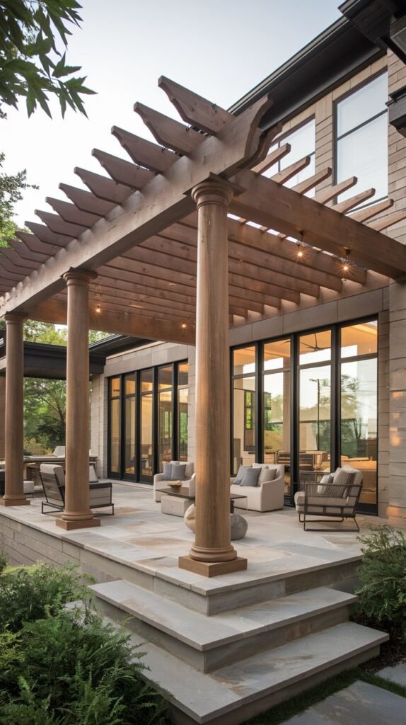 Large, detailed wooden pergola supported by substantial round, classically styled columns, with intricate decorative cuts on the exposed rafter ends, shading an expansive stone patio.