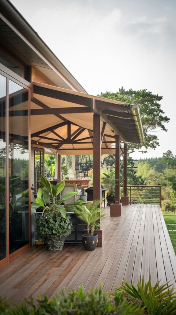 Attached patio cover featuring a wooden frame supporting a taut, sloping fabric or translucent canopy, extending over a wooden deck with large potted plants and glass walls.