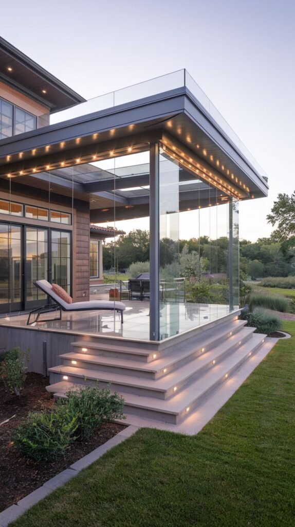 Ultra-modern enclosed patio structure with a flat glass roof and frameless glass walls, creating a seamless enclosure. The structure sits atop wide steps with integrated lighting leading down to the lawn.