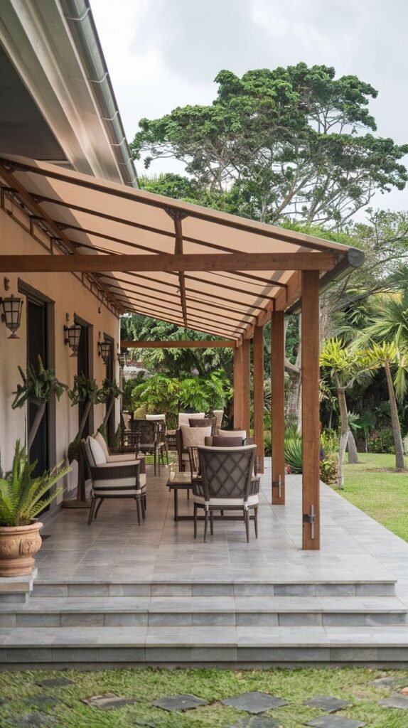 Long patio cover supported by wooden beams, featuring a light-colored, tensioned fabric canopy providing rain protection over a tiled patio with multiple seating groups.