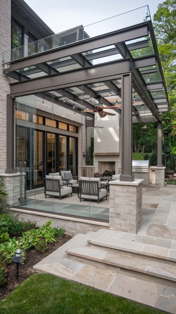 Spacious, high-end outdoor living area covered by a dark steel and glass roof structure, partially enclosed by glass panels, and featuring a large outdoor fireplace and built-in grilling station.
