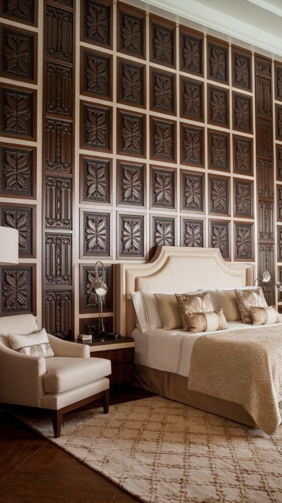 Formal wall system featuring numerous vertical rectangular panels of dark-stained wood, separated by light trim, with each panel center displaying deep, symmetrical carved patterns (rosettes and vertical bars).