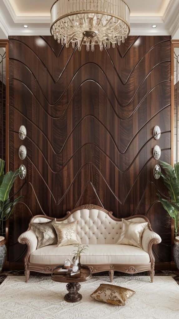 Tall, dark wood veneer wall featuring continuous, deep, horizontal wave patterns carved into the surface, creating dynamic curvilinear movement.