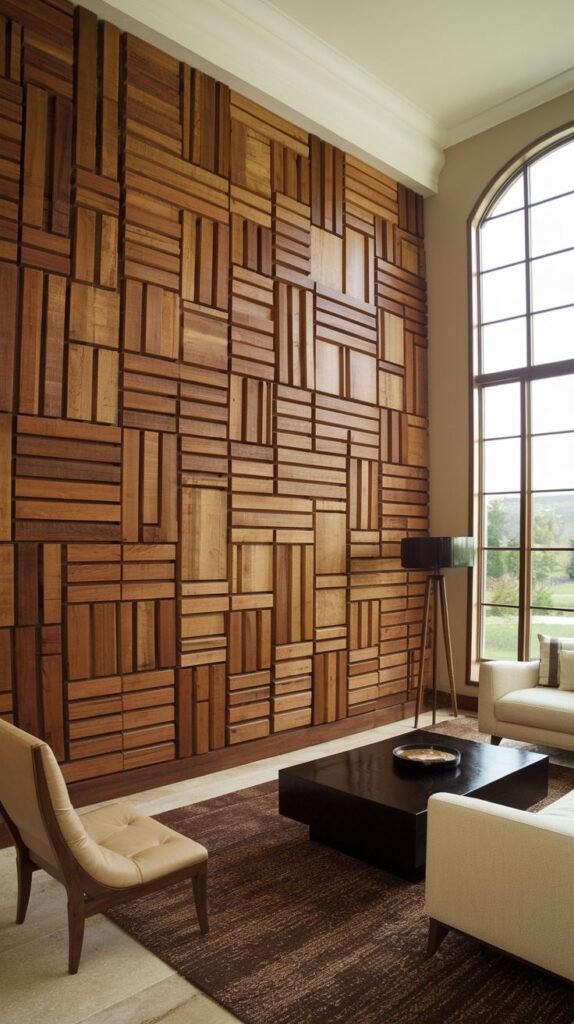 Dimensional wood wall surface made of rectangular pieces of medium-brown wood, stacked and oriented both horizontally and vertically in an irregular, interlocking pattern.