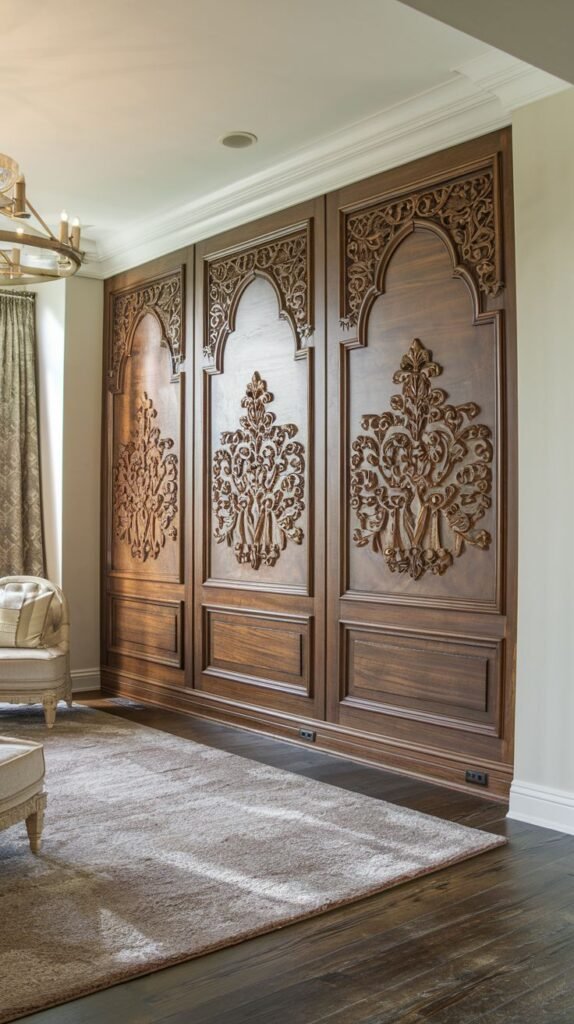 Formal accent wall comprised of three tall, vertical dark wood panels, featuring elaborate carved detail, including Moorish arches and central, deeply carved floral scrollwork.