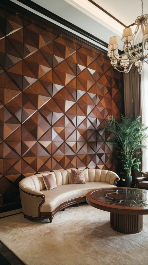 Modern, geometric accent wall using numerous small, multi-toned triangular or pyramidal three-dimensional wood pieces, creating a faceted, textural surface.