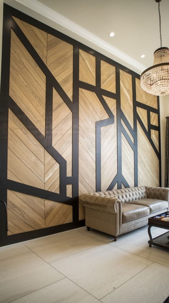 High-contrast wall featuring light chevron-patterned wood infill overlaid with a network of thick, dark (black) geometric lines that create a large, abstract design.