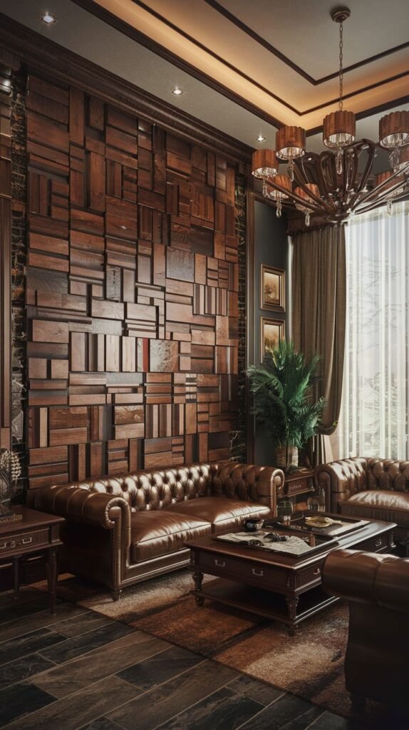 Rich, dark wood wall covered in a deep, highly textured arrangement of layered rectangular wood blocks projecting at varying depths.