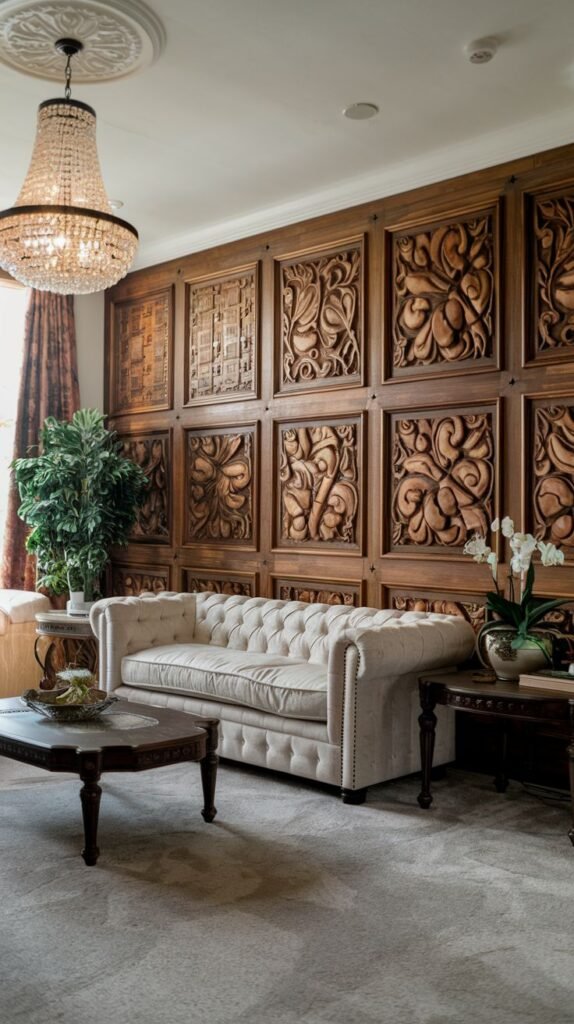 Classic wood paneling wall featuring square recessed sections, with the majority of panels containing large, deeply carved, flowing scrollwork motifs.
