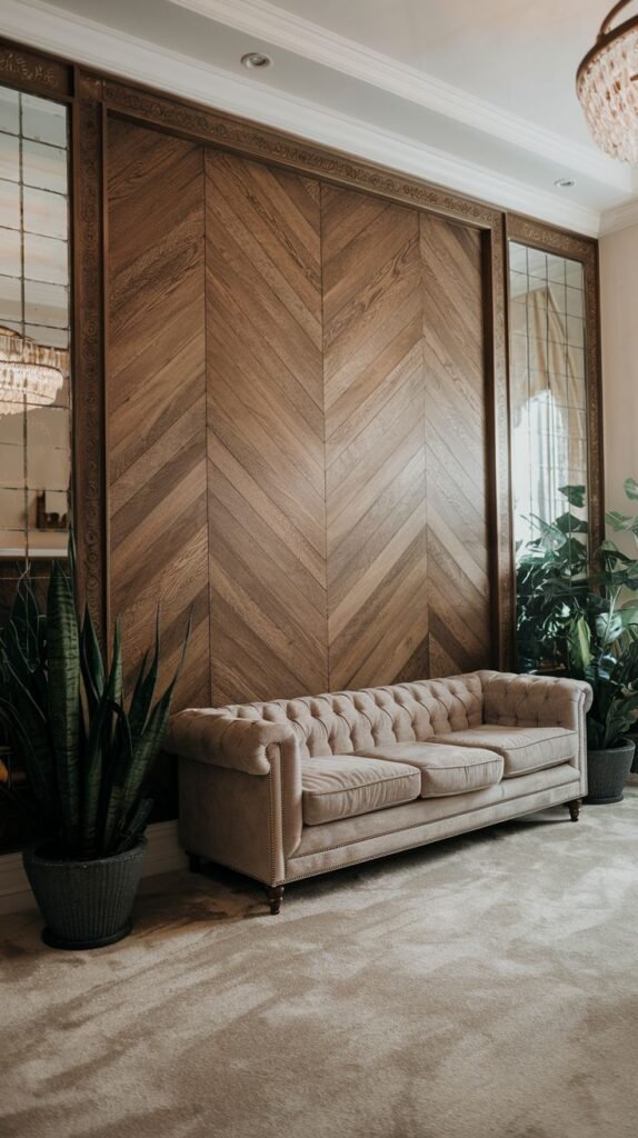 Accent wall featuring a central panel covered in a clean, medium-toned chevron pattern, framed symmetrically by tall, antique-style mirrored panels.
