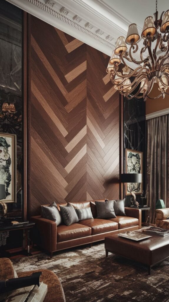 Tall accent wall utilizing a chevron pattern, emphasizing depth by combining wood planks that vary subtly in shade across horizontal bands of dark and medium-dark brown.