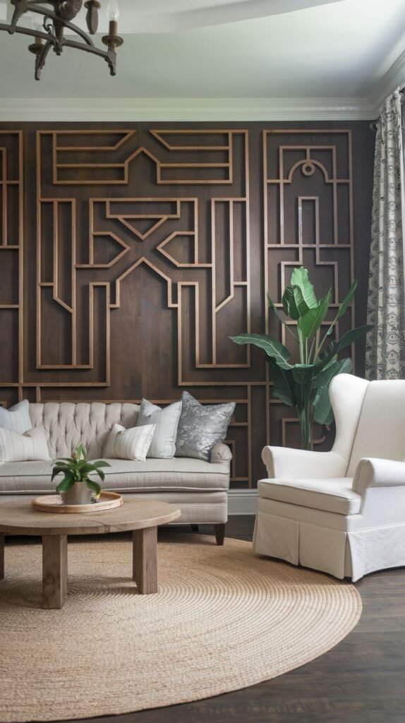 Dark wood backdrop wall overlaid with a geometric framework constructed from thin, lighter wood trim, forming an intricate Art Deco-inspired pattern.