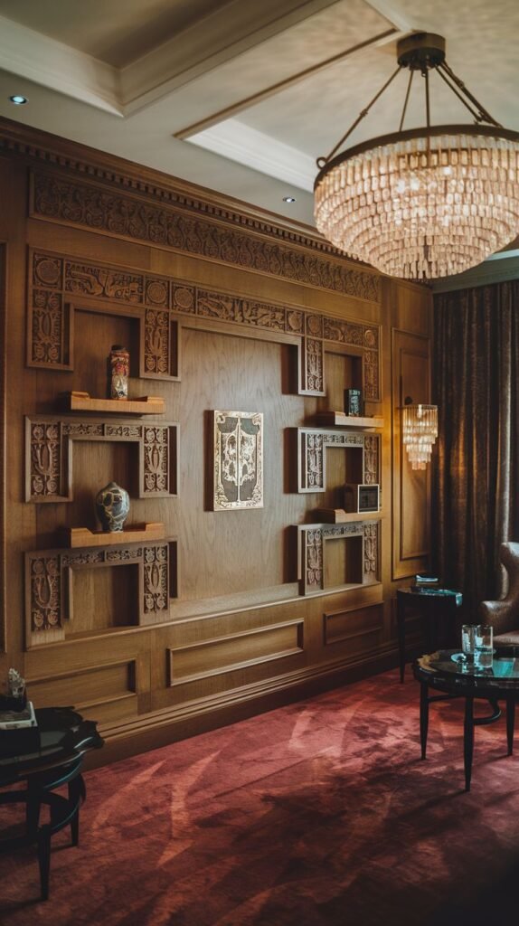 Traditional wood paneled wall of medium-brown hue, featuring intricate carvings along the top border and surrounding several small, carved, integrated display shelves.