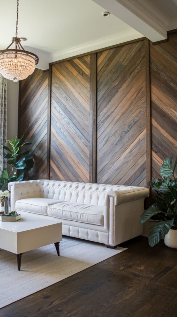 Living room featuring a multi-toned wood accent wall divided into three vertical segments, with the wood planks laid in a prominent chevron pattern inside dark trim.