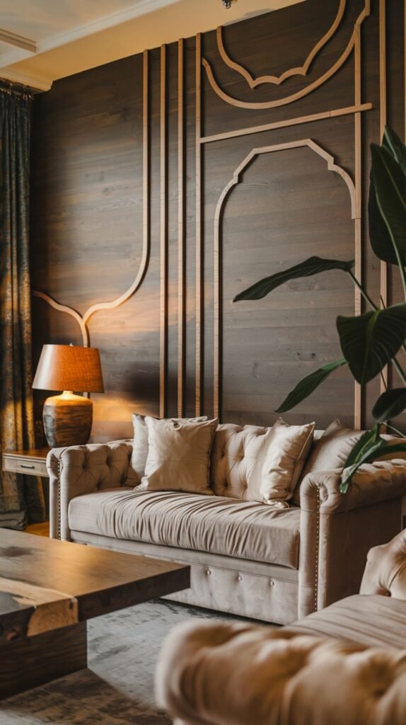 Dark wood paneling serving as a background for light-colored or metallic moldings, forming elegant vertical strips and a central pointed arch pattern.