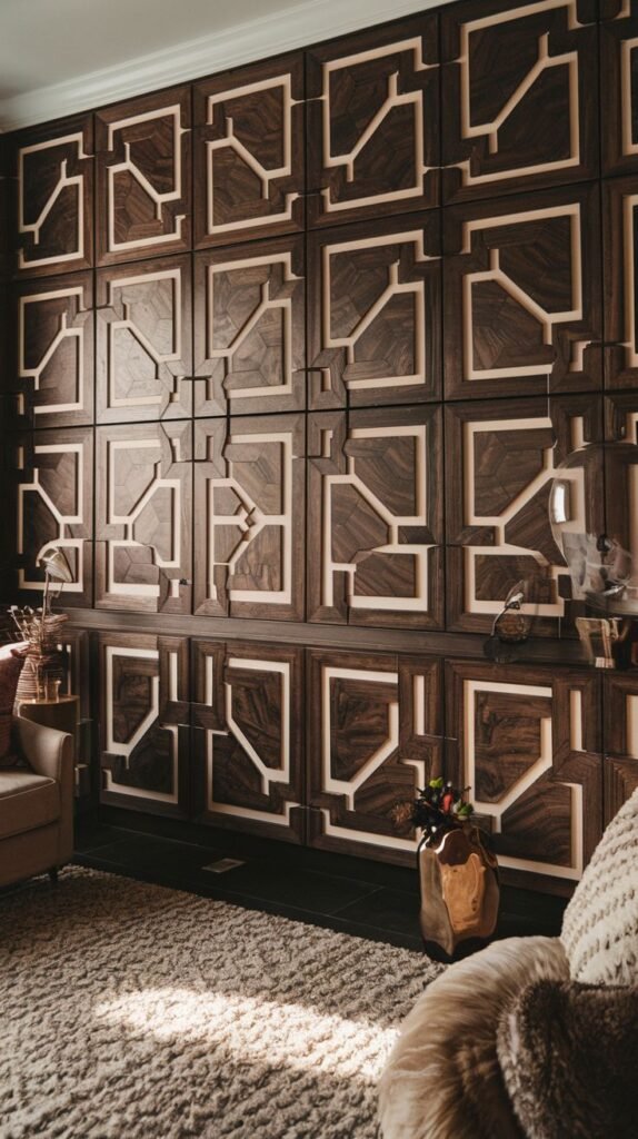 Full wall of large, square, dark wood panels with high-contrast geometric inlay patterns executed in light-toned wood.