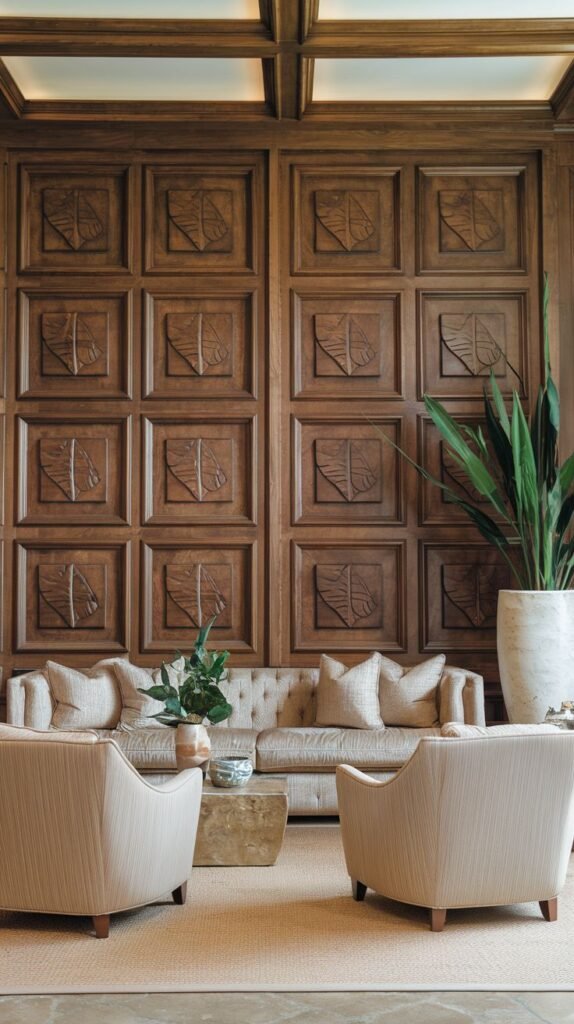 Traditional medium-brown wood paneled wall divided into a grid of squares, each square featuring a symmetrical relief carving of a stylized leaf or botanical motif.