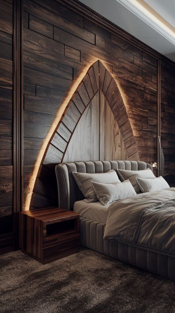 Dark, richly textured wood accent wall in a bedroom featuring a central, upward-pointing arched design which is edge-lit, serving as a dramatic integrated headboard.