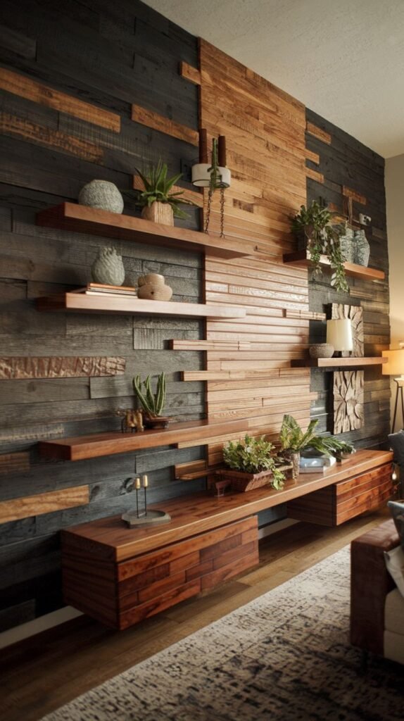 Highly textured wall composed of horizontal wood planks of various depths and tones, mixing natural brown and dark-stained wood, incorporating functional floating shelves and a lower storage cabinet.