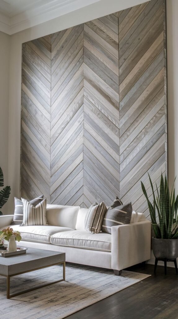 A large living room accent wall covered entirely in distressed, light, and gray/blue-toned wood planks arranged in a bold chevron pattern.