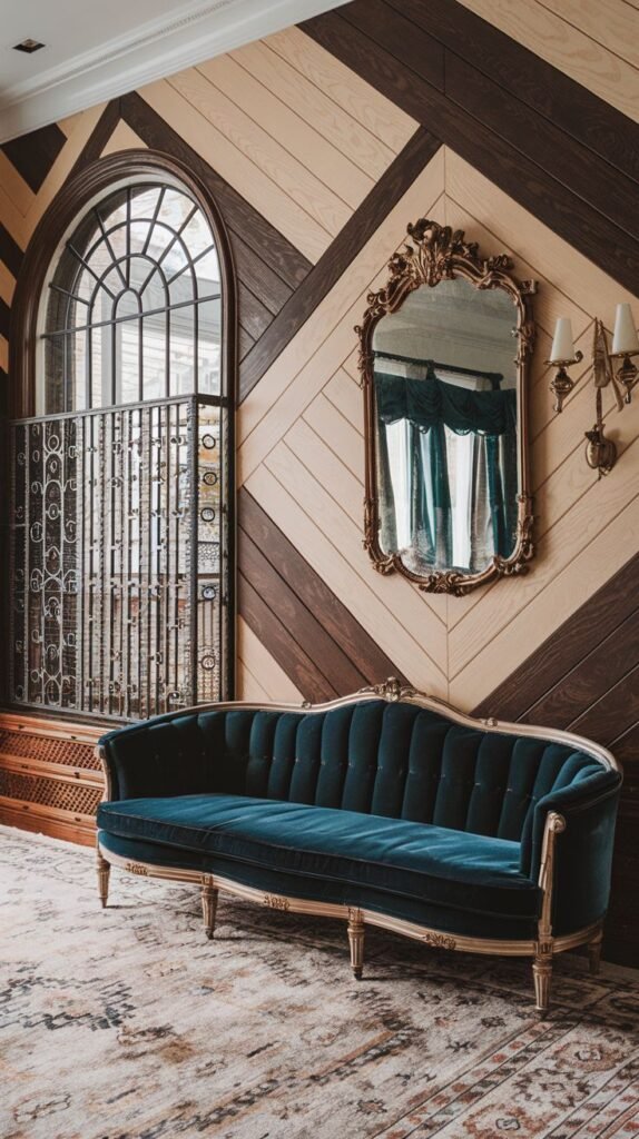 Decorative wall treatment using wide diagonal planks that alternate between natural light wood tone and dark, almost black, stained wood sections.