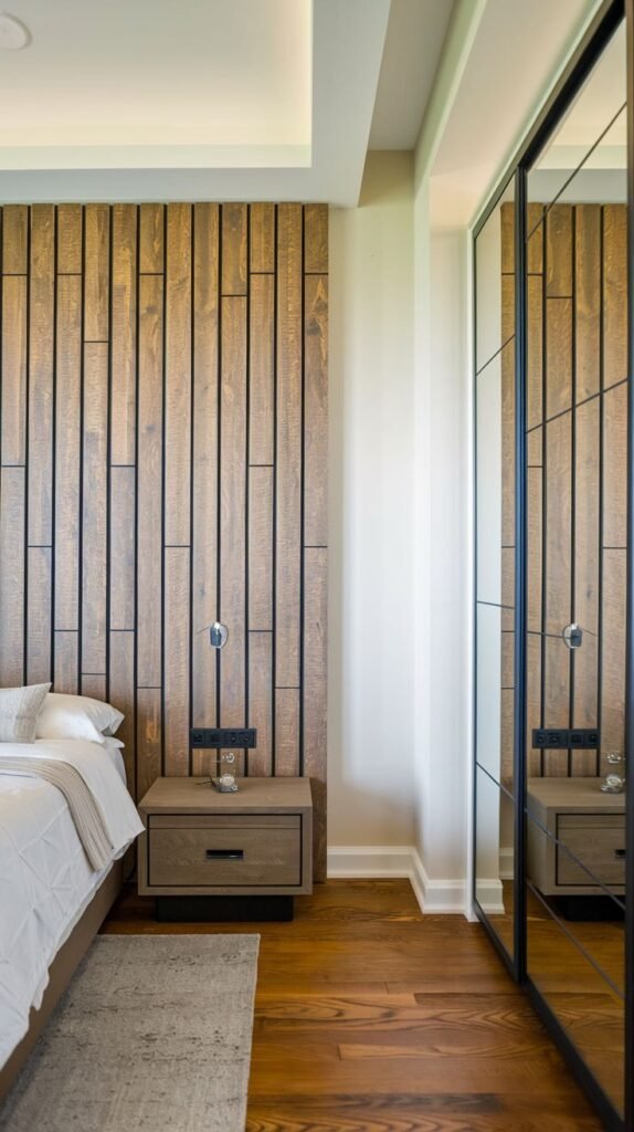 Modern accent wall composed of vertical, medium-brown wood planks separated by thin, dark vertical spacers, creating a linear slatted effect.