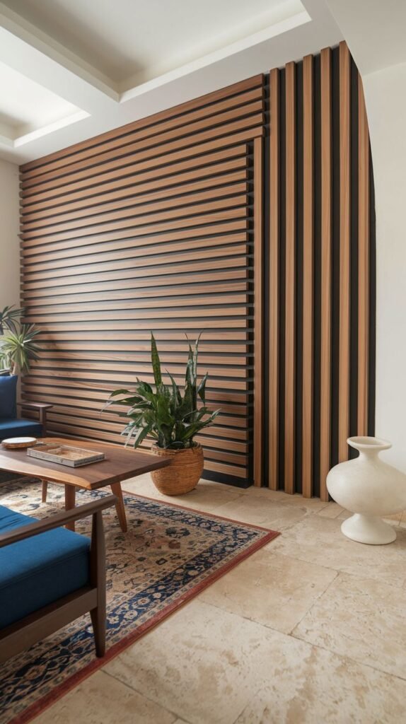Double-height room featuring wood slatted paneling, transitioning from a horizontal orientation on the main wall to a vertical orientation where the paneling curves onto an adjacent surface.