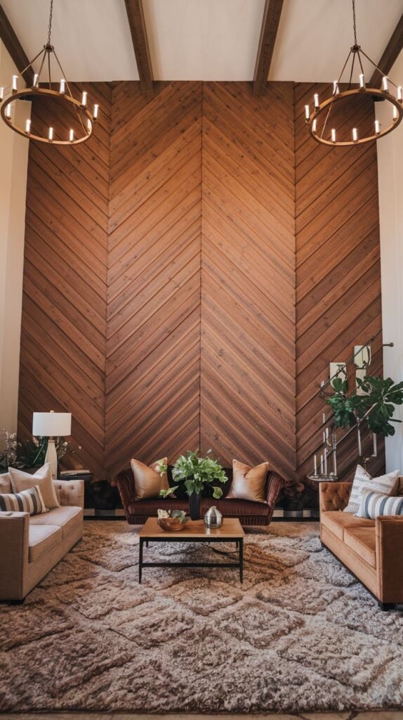 High-ceilinged room highlighting a grand accent wall entirely covered in warm-toned wood planks arranged in a single, large V-shaped chevron pattern.