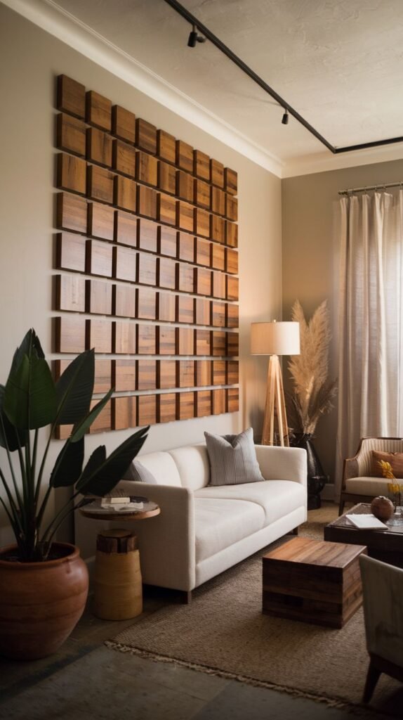 Interior wall covered by a large art installation composed of small, raised square wood blocks arranged neatly in a grid pattern.